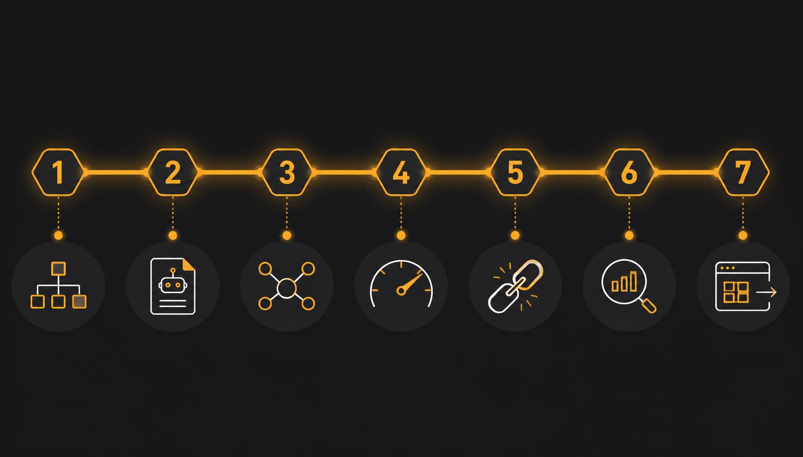 Timeline diagram of seven SEO fix phases from sitemap setup to Next.js migration